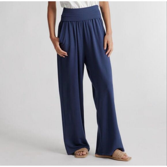 Quince French Terry Modal Wide Leg Pants Navy Blue Fold over Waistband Flowy S - Picture 1 of 12